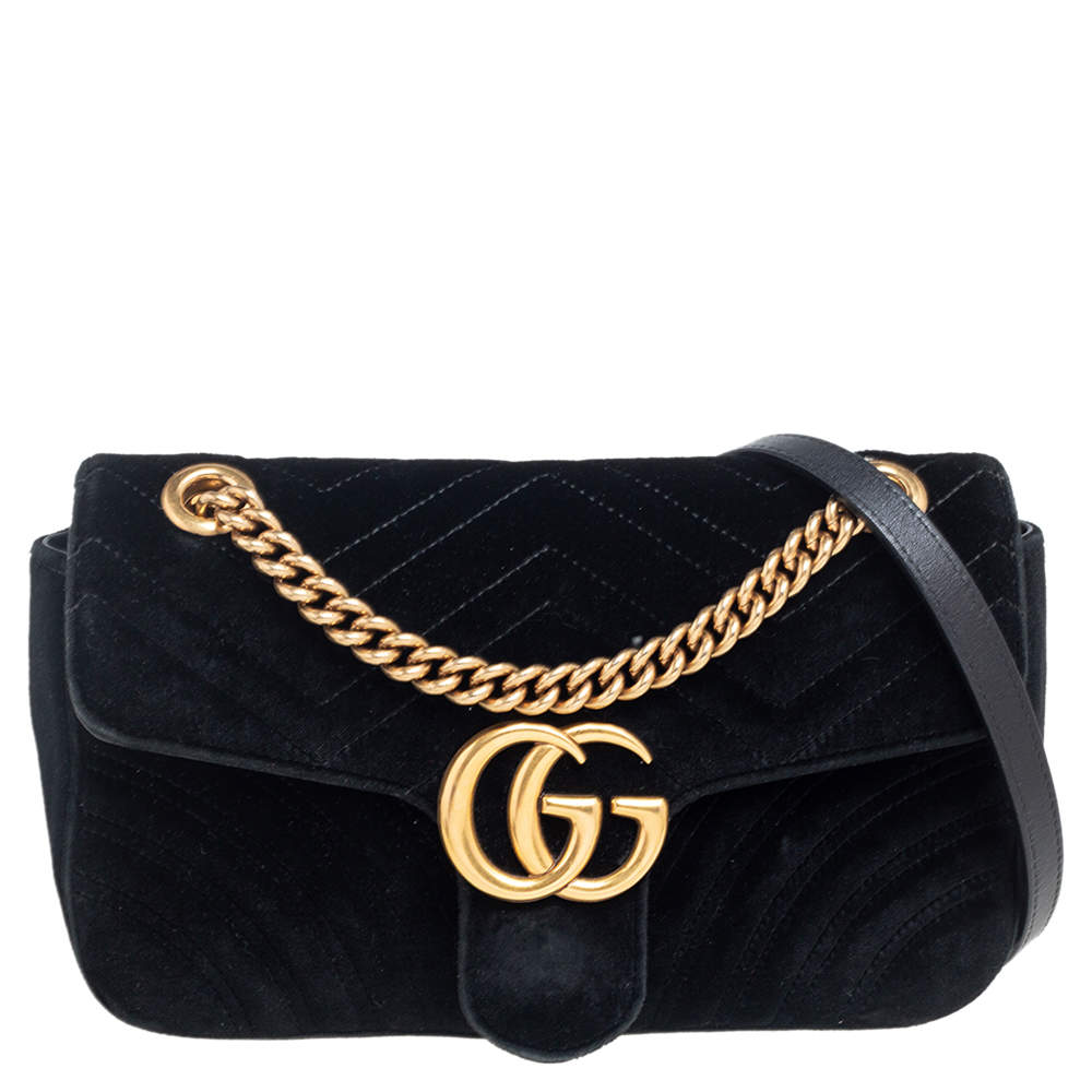 Pre Owned Gucci Black Matelassé Velvet Small GG Marmont Shoulder Bag