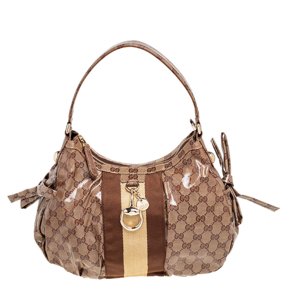 Pre Owned Gucci Beige/Ebony GG Crystal Coated Canvas Hobo