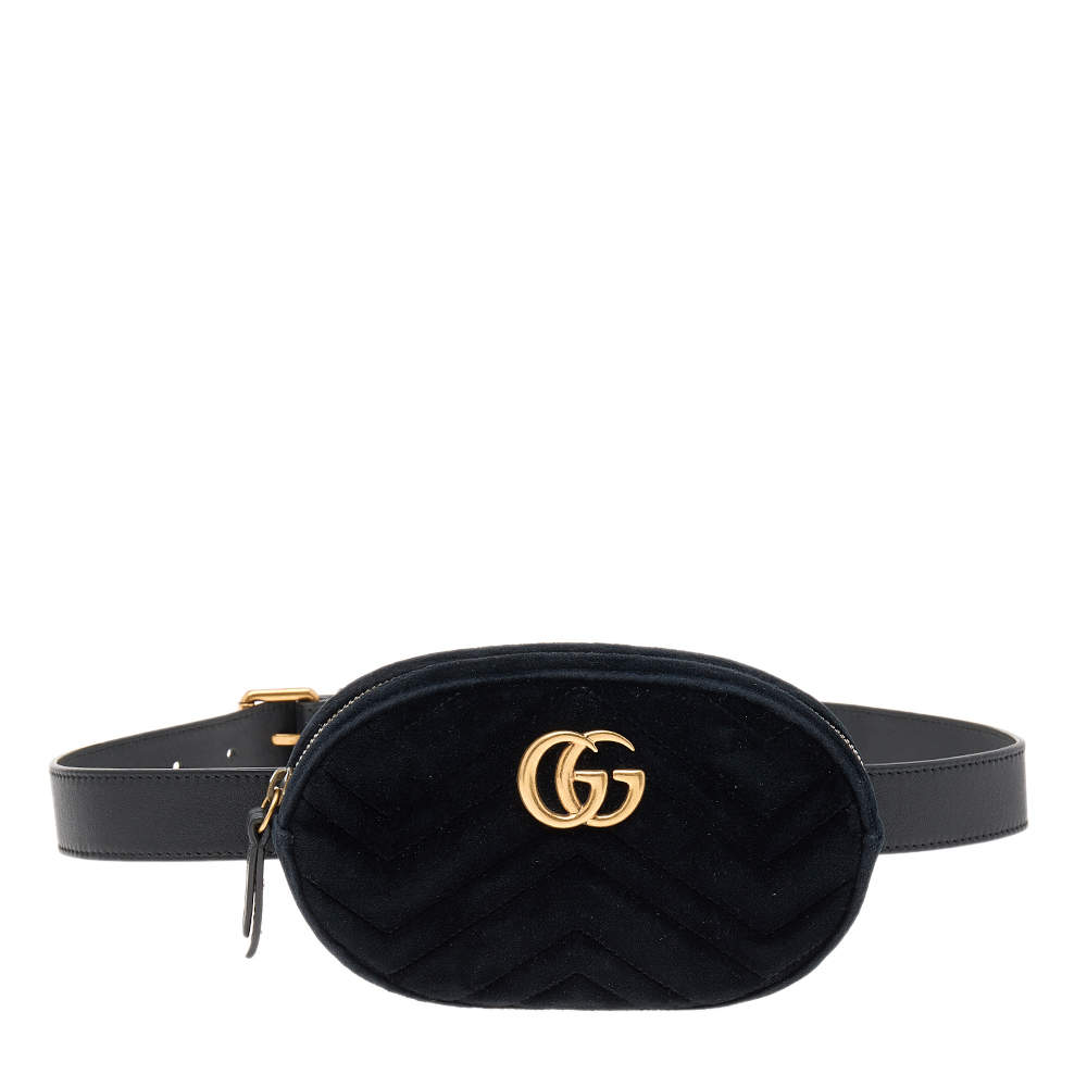 Pre Owned Gucci Black Matelassé Velvet GG Marmont Belt Bag