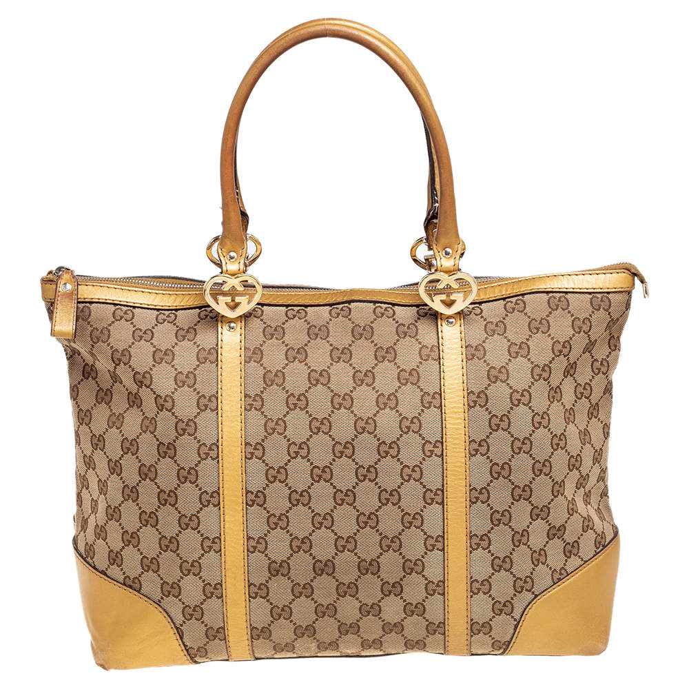 Pre Owned Gucci Beige/Gold GG Canvas and Leather Lovely Heart Tote