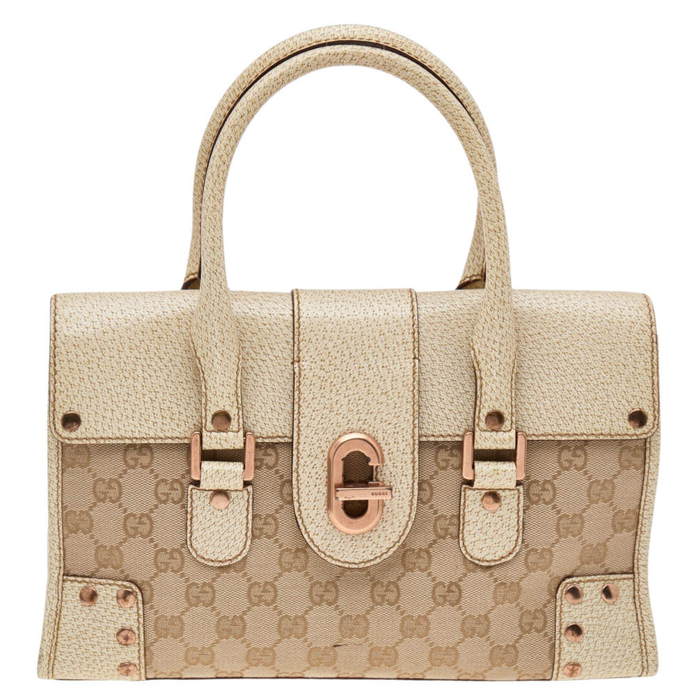 Pre Owned Gucci Beige/Cream GG Canvas And Leather Turnlock Shoulder Bag