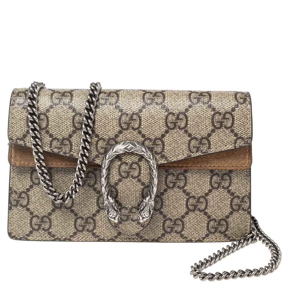 Pre Owned Gucci Beige GG Supreme Canvas and Suede Super Mini Dionysus Shoulder Bag