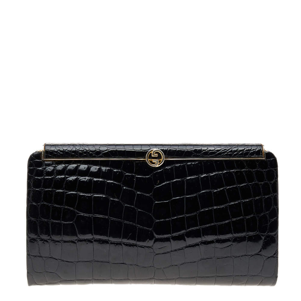 Pre Owned حقيبة كلتش غوتشي فينتدج جلد تمساح لامع أسود