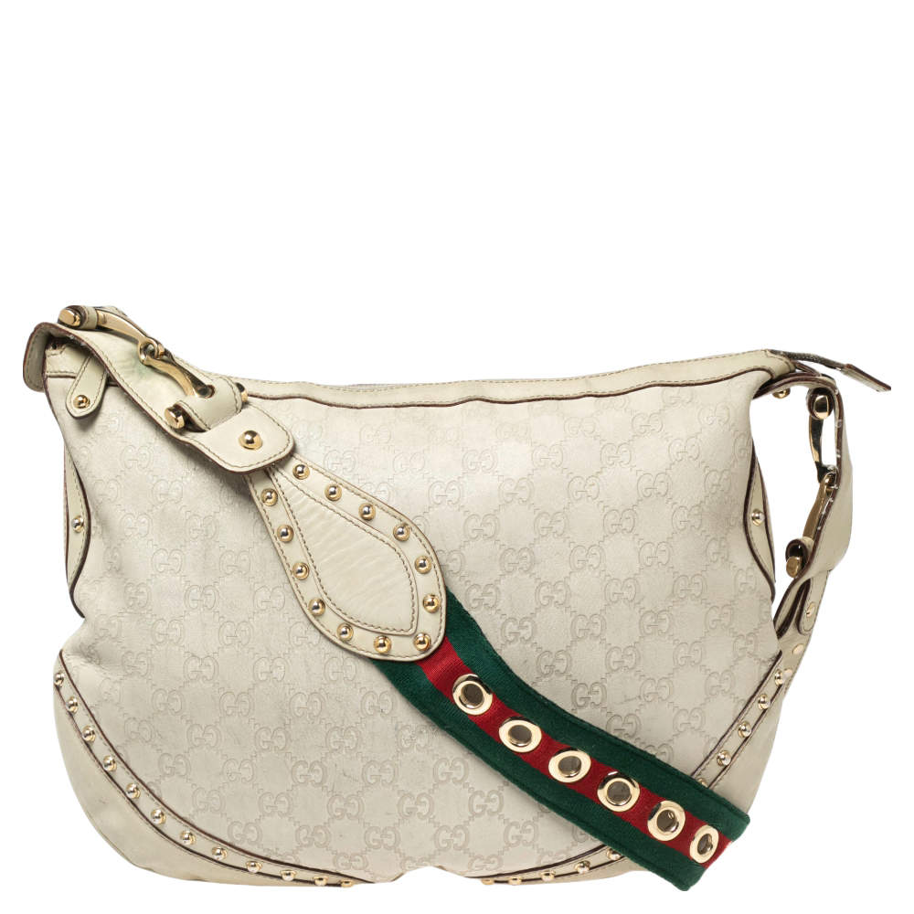 Pre Owned Gucci Off White Guccissima Leather Studded Pelham Hobo