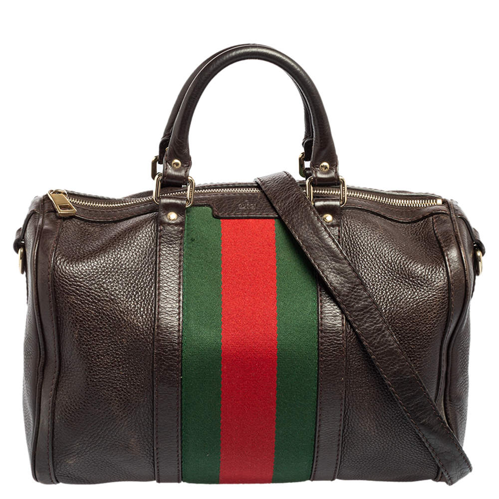 Pre Owned Gucci Brown Leather Medium Vintage Web Joy Boston Bag