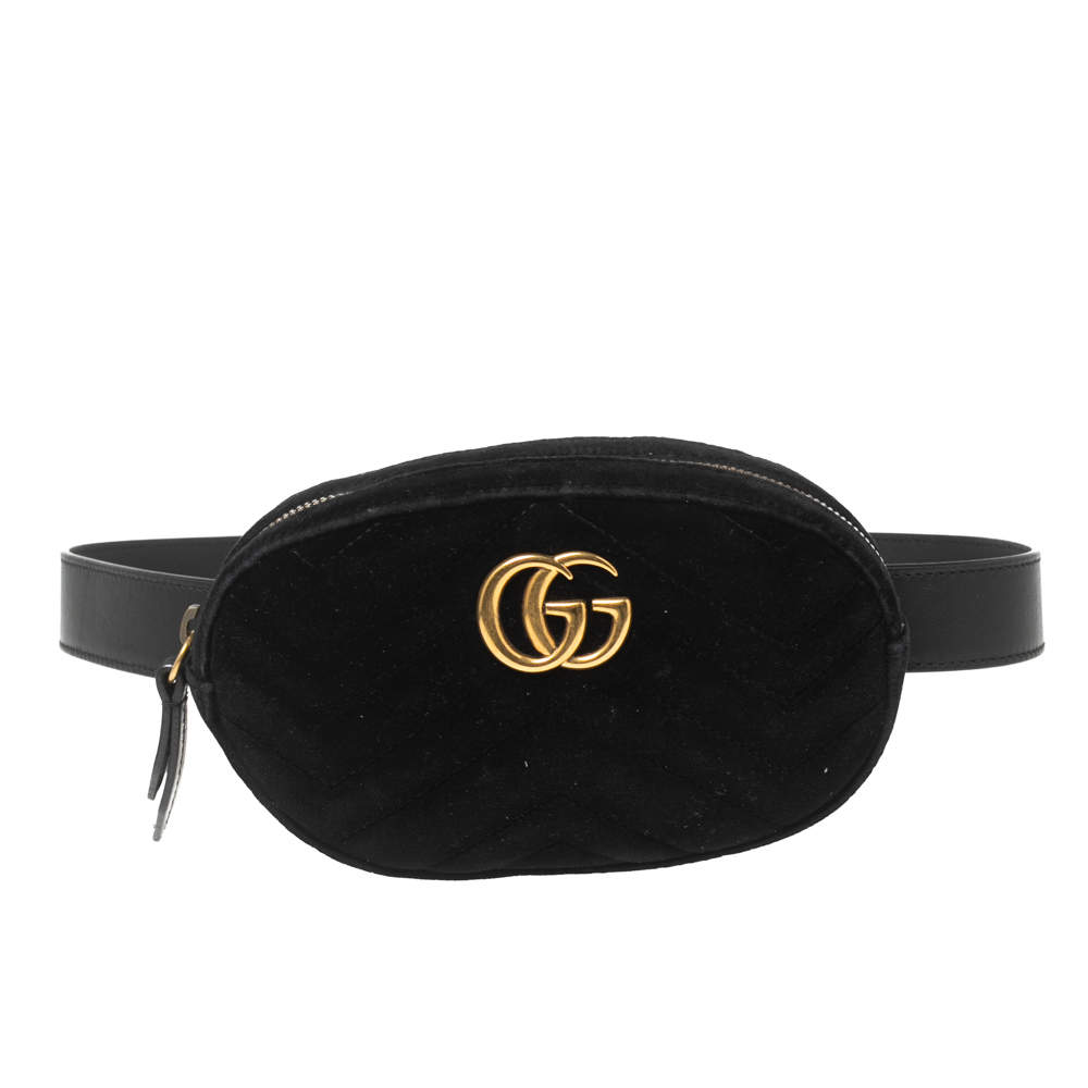 Pre Owned Gucci Black Matelassé Velvet GG Marmont Belt Bag