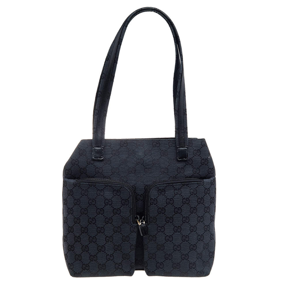 مملوكة مسبقًا Gucci Black GG Canvas and Leather Double Pocket Tote 