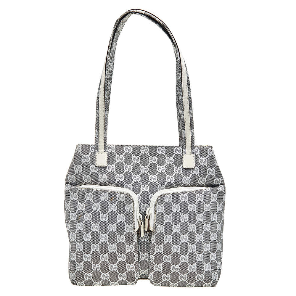 مملوكة مسبقًا حقيبة يد توتس غوتشي جلد وكانفاس جي جي رصاصي/أبيض جيب مزدوج