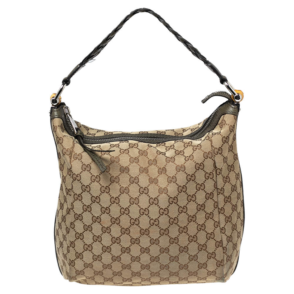 Pre Owned Gucci Beige/Olive Green GG Canvas and Leather Bamboo Bar Hobo