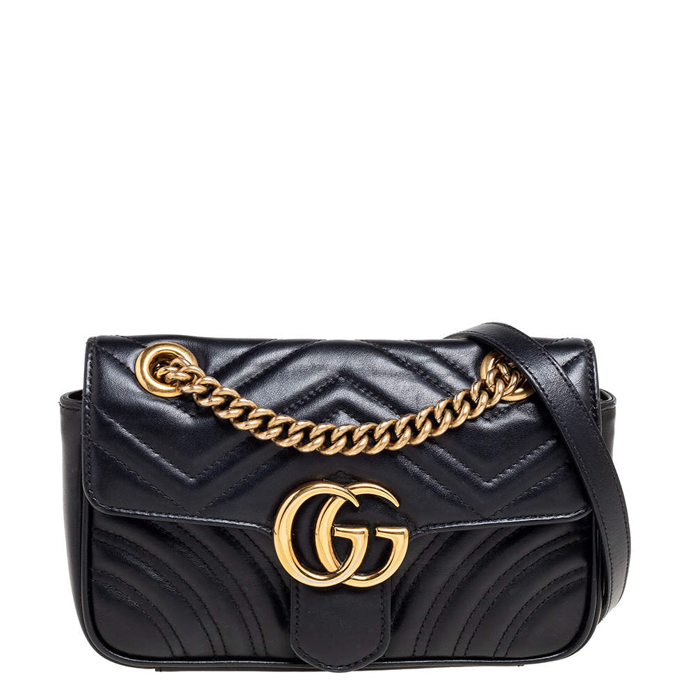 Pre Owned Gucci Black Matelassé Leather Mini GG Marmont Shoulder Bag