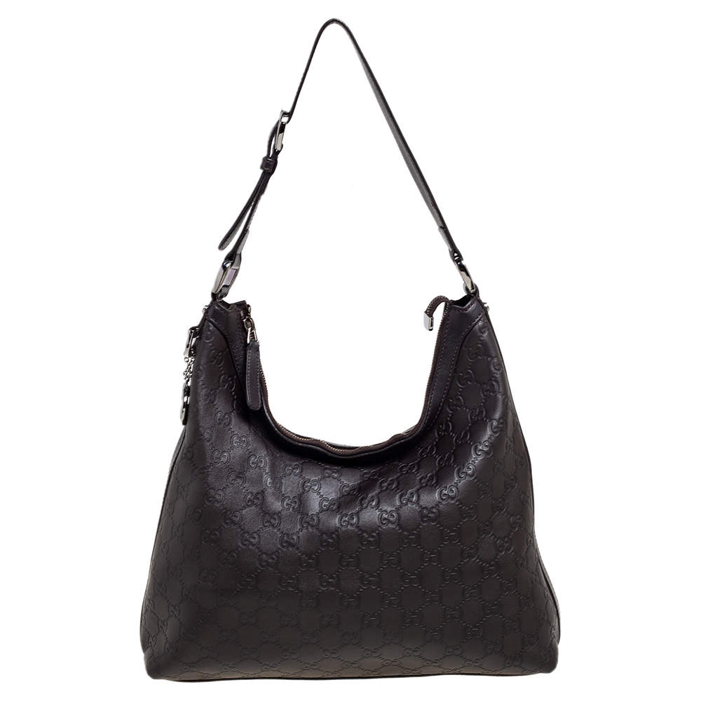 Pre Owned Gucci Dark Brown Guccissima Leather Charm Hobo