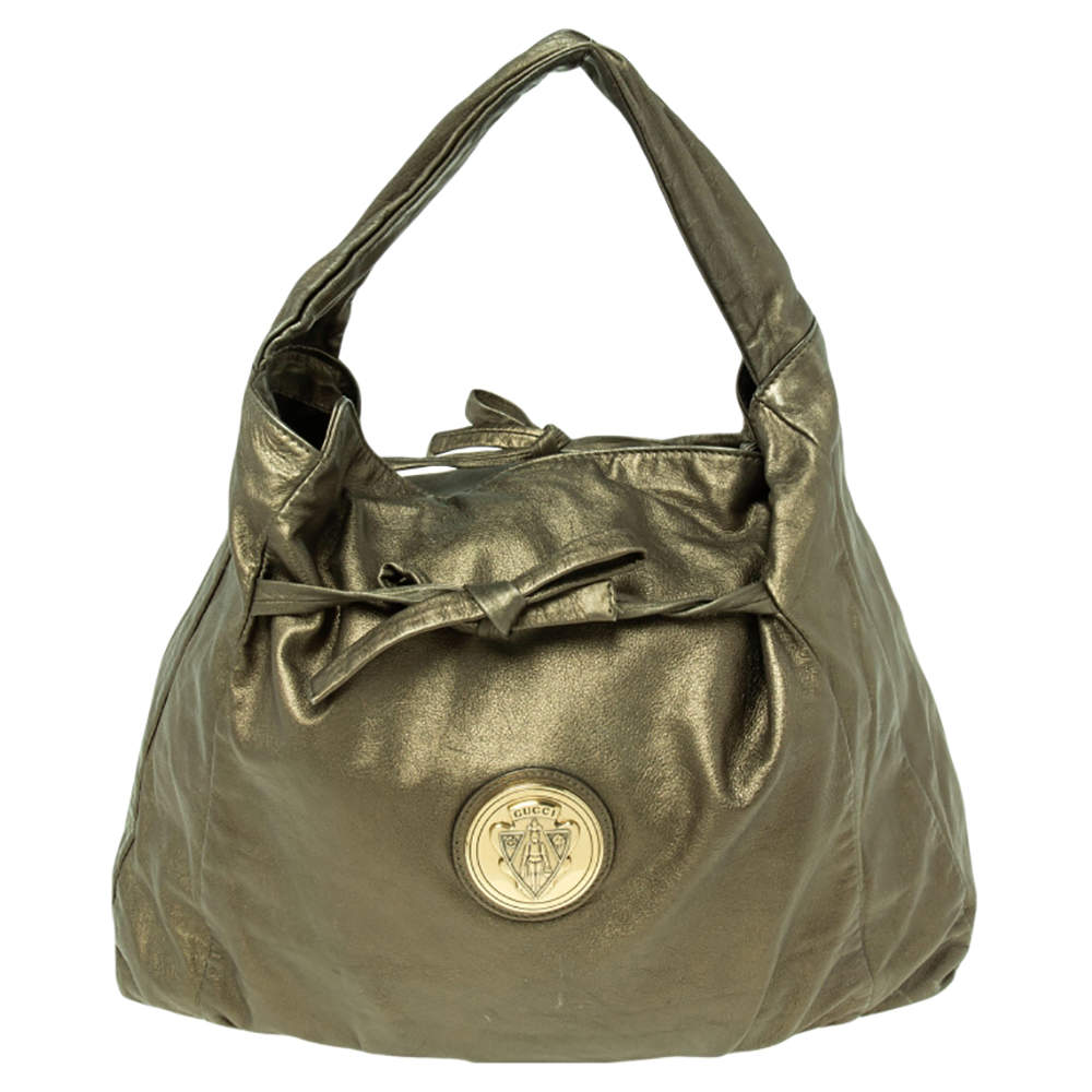 Pre Owned Gucci Metallic Green Leather Hysteria Hobo