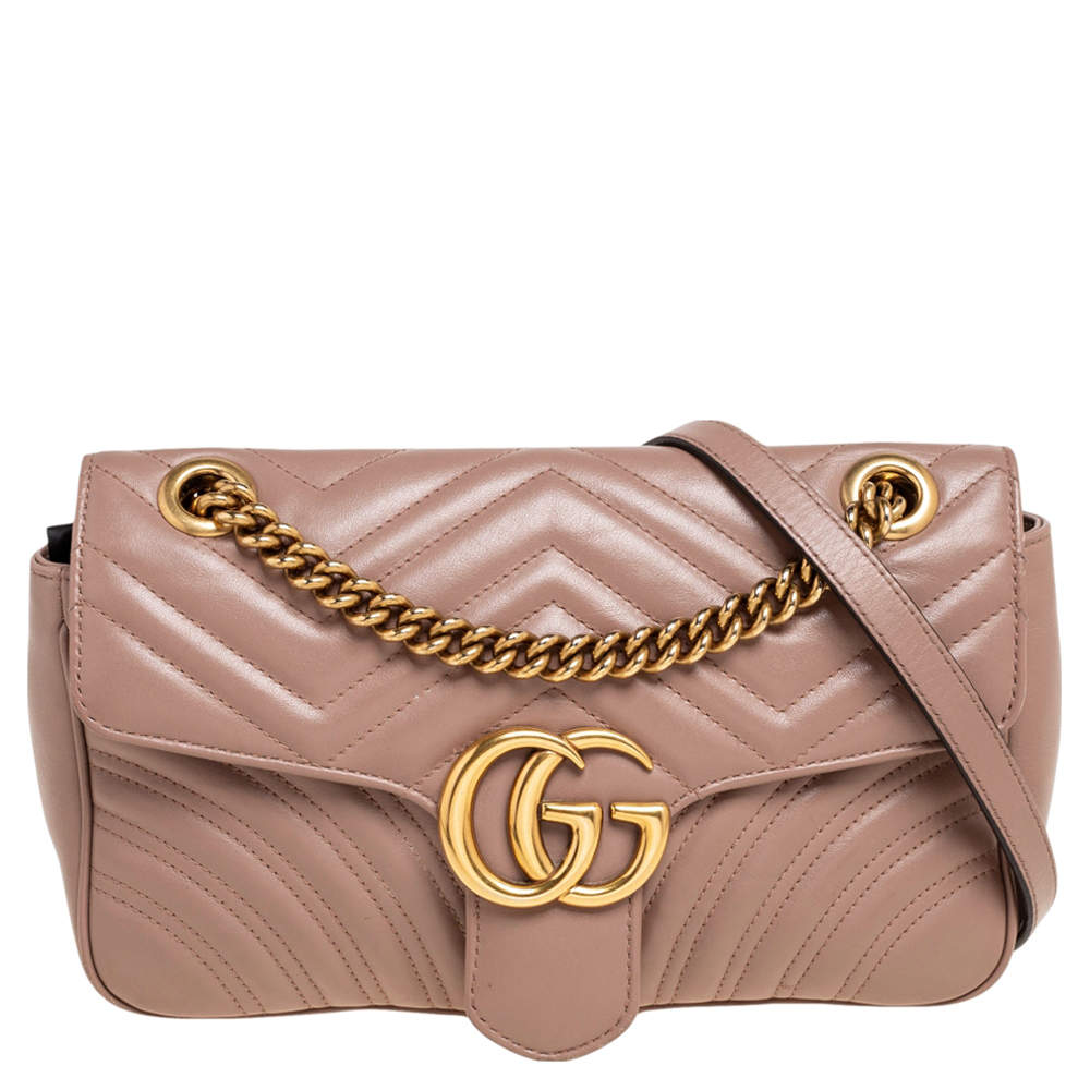 Pre Owned Gucci Beige Matelassé Leather Small GG Marmont Shoulder Bag
