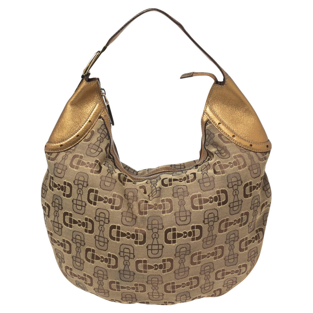 Pre Owned Gucci Beige/Gold Horsebit Canvas And Leather Glam Hobo