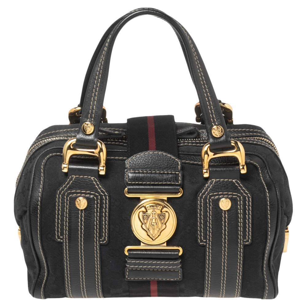 Pre Owned Gucci Black GG Canvas And Leather Medium Aviatrix Boston Bag
