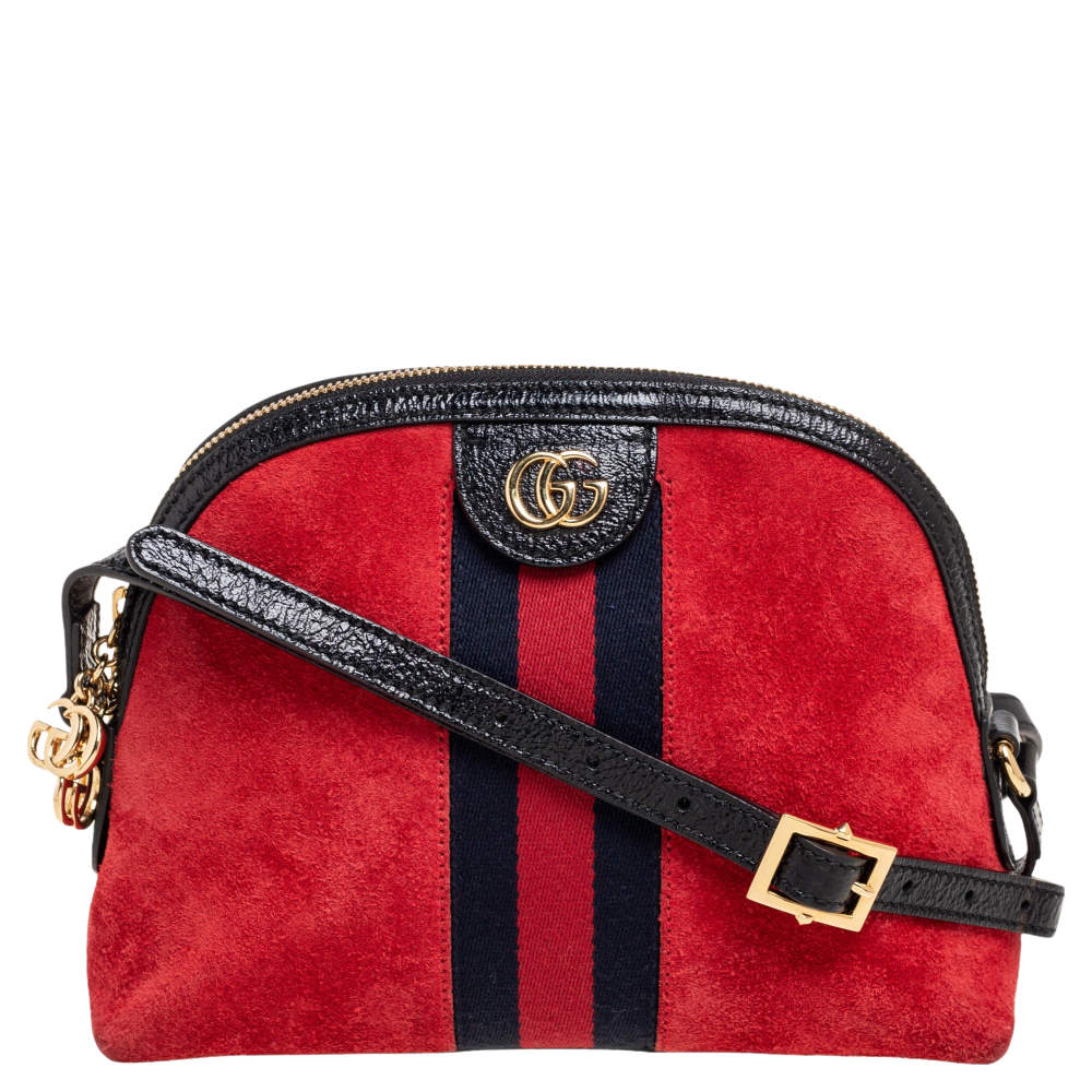 Pre Owned Gucci Red/Black Leather And Suede Small Ophidia Shoulder Bag