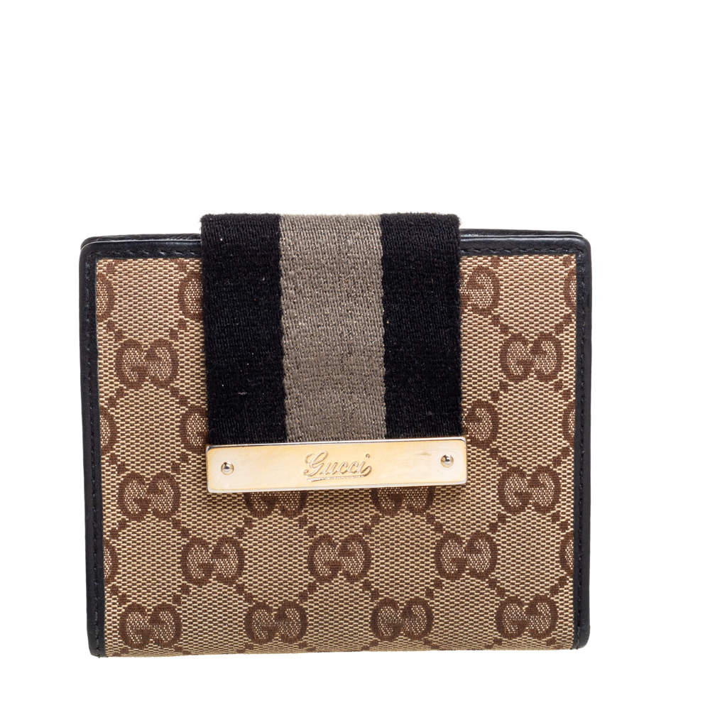 Pre Owned Gucci Beige/Black GG Canvas and Leather Web Flap French Wallet