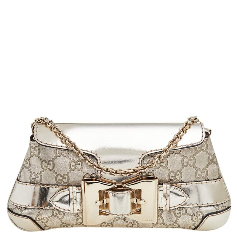 Pre Owned Gucci Metallic Gold Guccissima Leather Queen Bow Chain Clutch