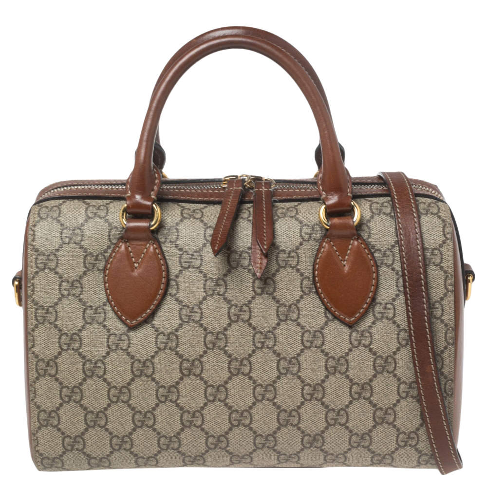Pre Owned Gucci Beige/Brown GG Supreme Canvas and Leather Boston Bag