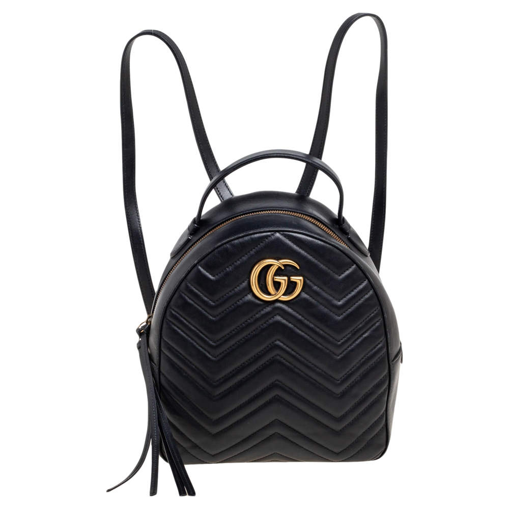 Pre Owned Gucci Black Matelassé Leather GG Marmont Backpack