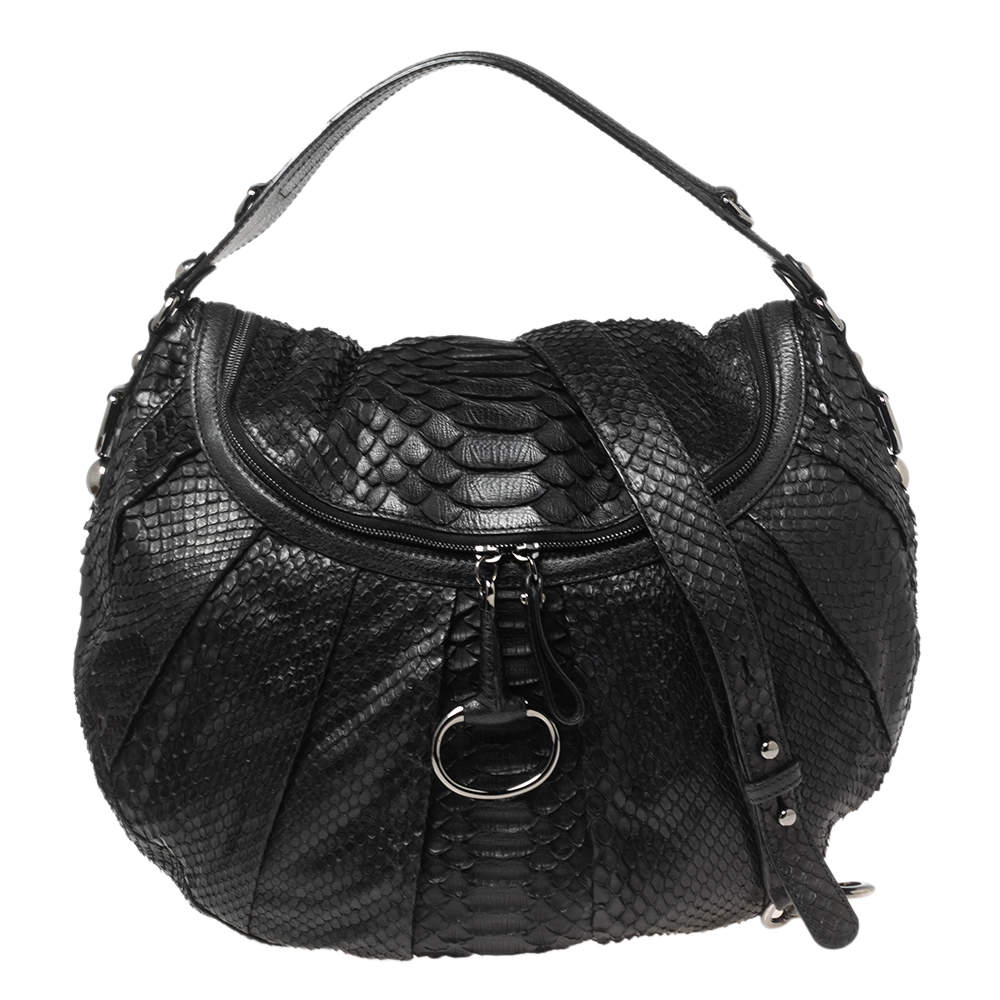 Pre Owned Gucci Black Python and Leather Medium Icon Bit Convertible Hobo