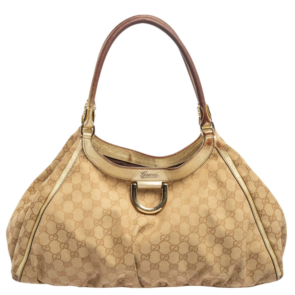 Pre Owned Gucci Gold/Beige GG Canvas And Leather Abbey D-Ring Shoulder Bag