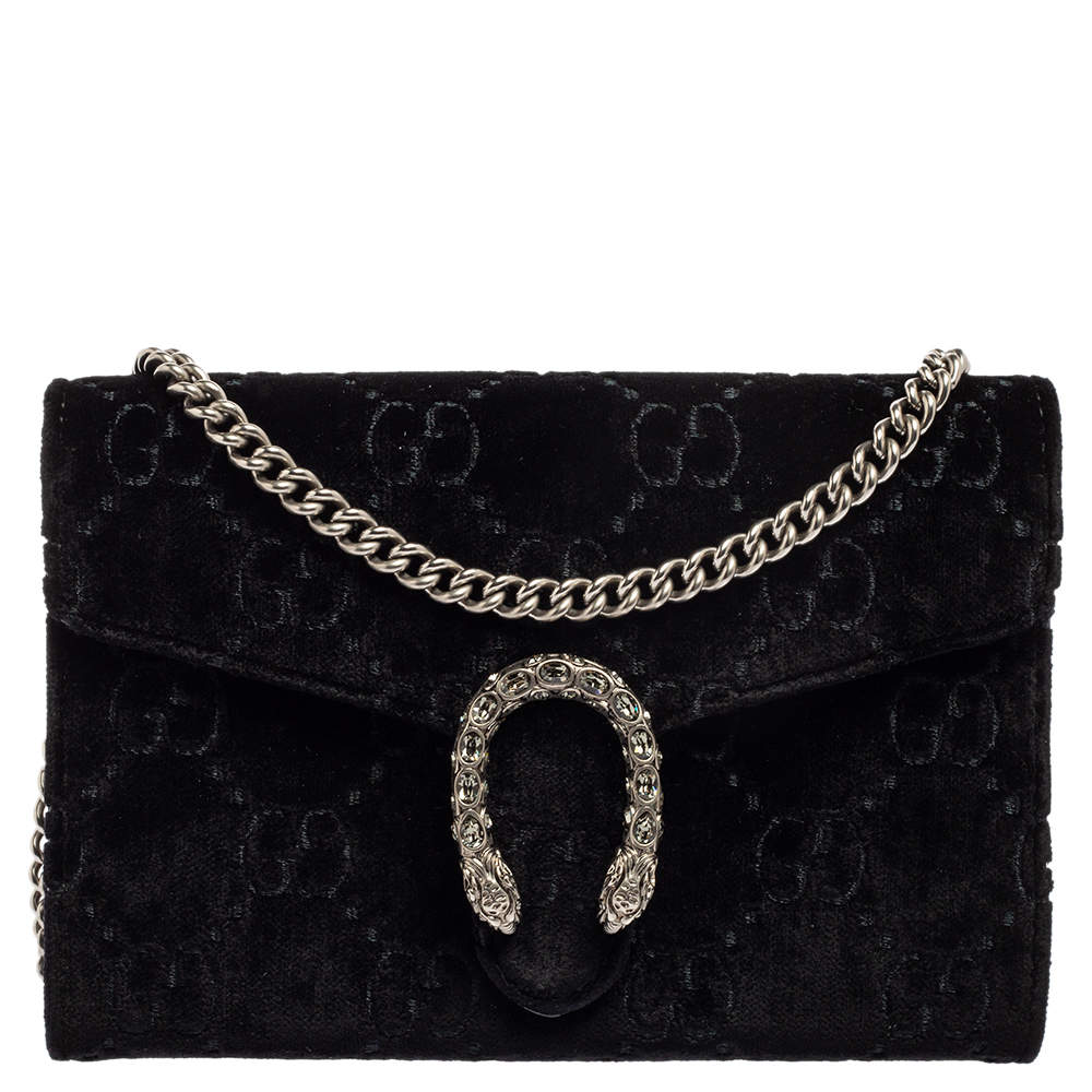 Pre Owned Gucci Black GG Velvet Mini Dionysus Wallet On Chain