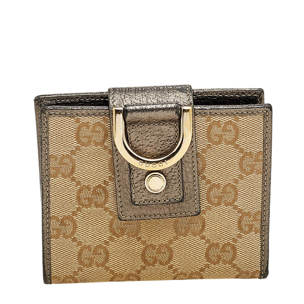 Gucci Beige/Pewter GG Canvas and Leather D Ring Compact Wallet
