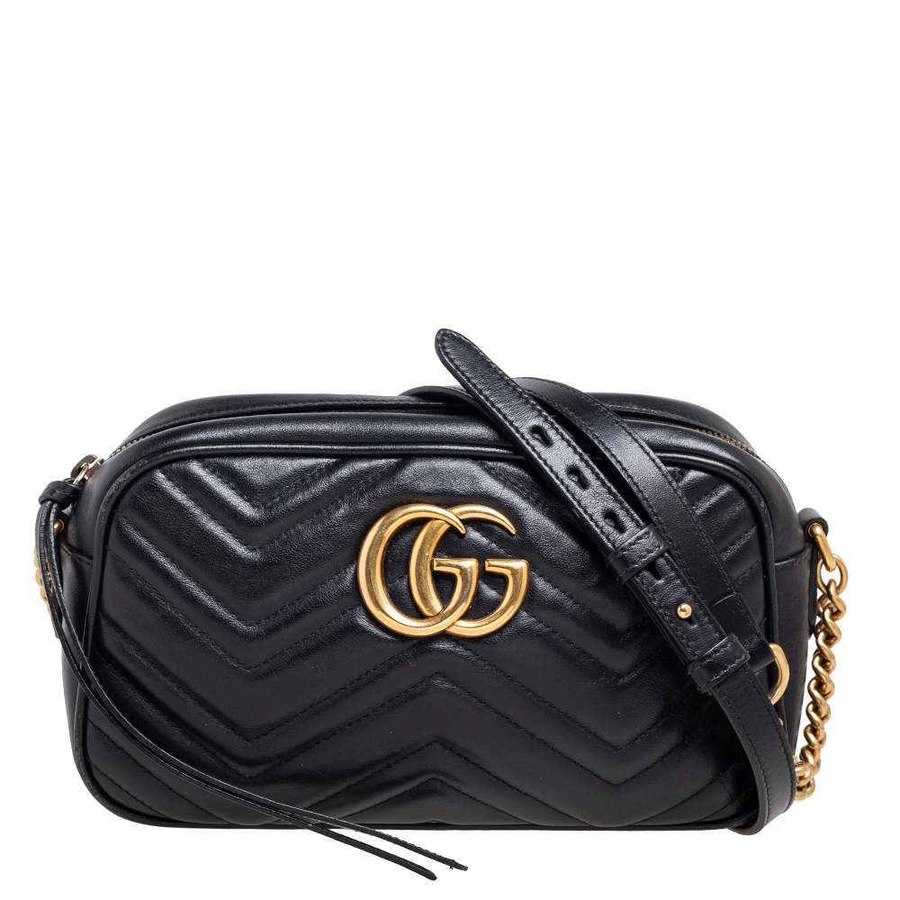 Pre Owned Gucci Black Leather Small GG Marmont Matelassé Shoulder Bag
