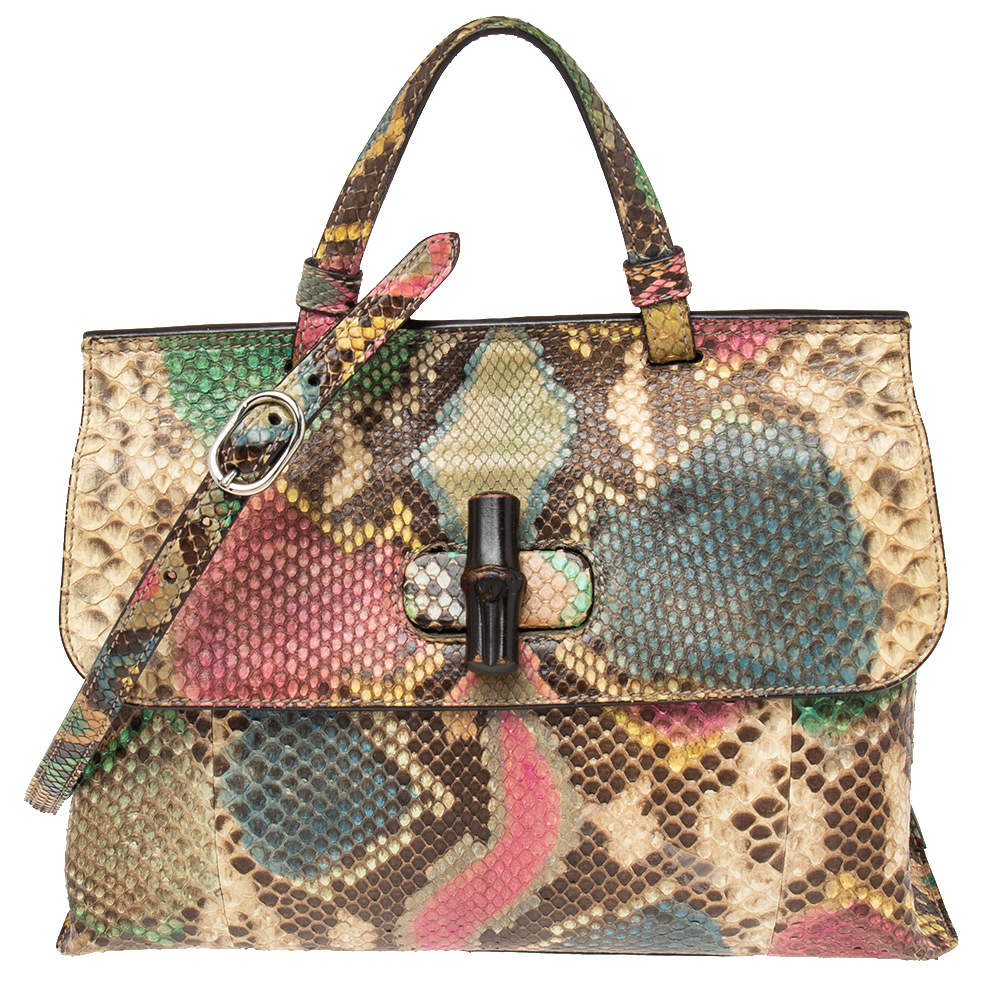 Pre Owned Gucci Multicolor Python Bamboo Daily Top Handle Bag