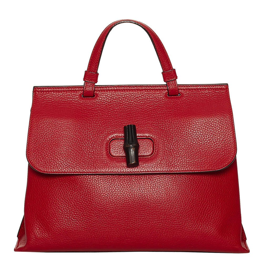 Pre Owned Gucci Red Leather Bamboo Daily Satchel Bag