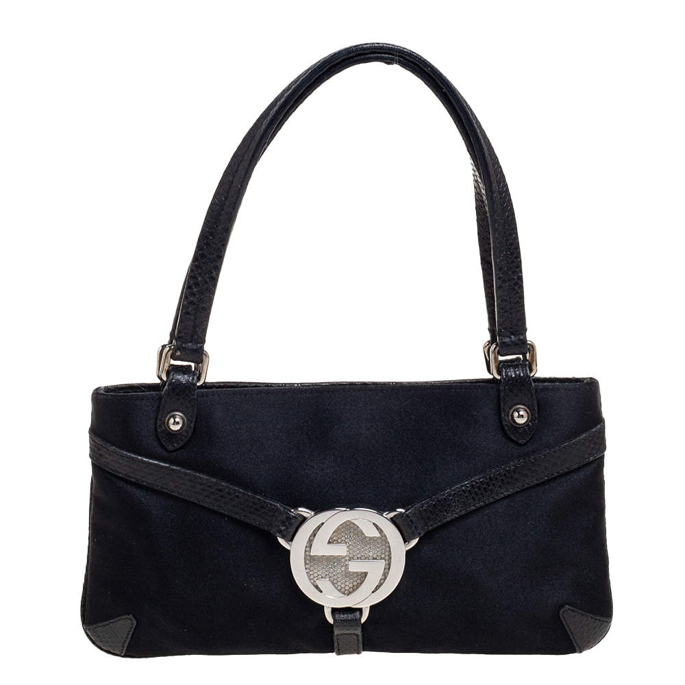 Pre Owned Gucci Black Fabric And Lizard Trim Reins Pochette
