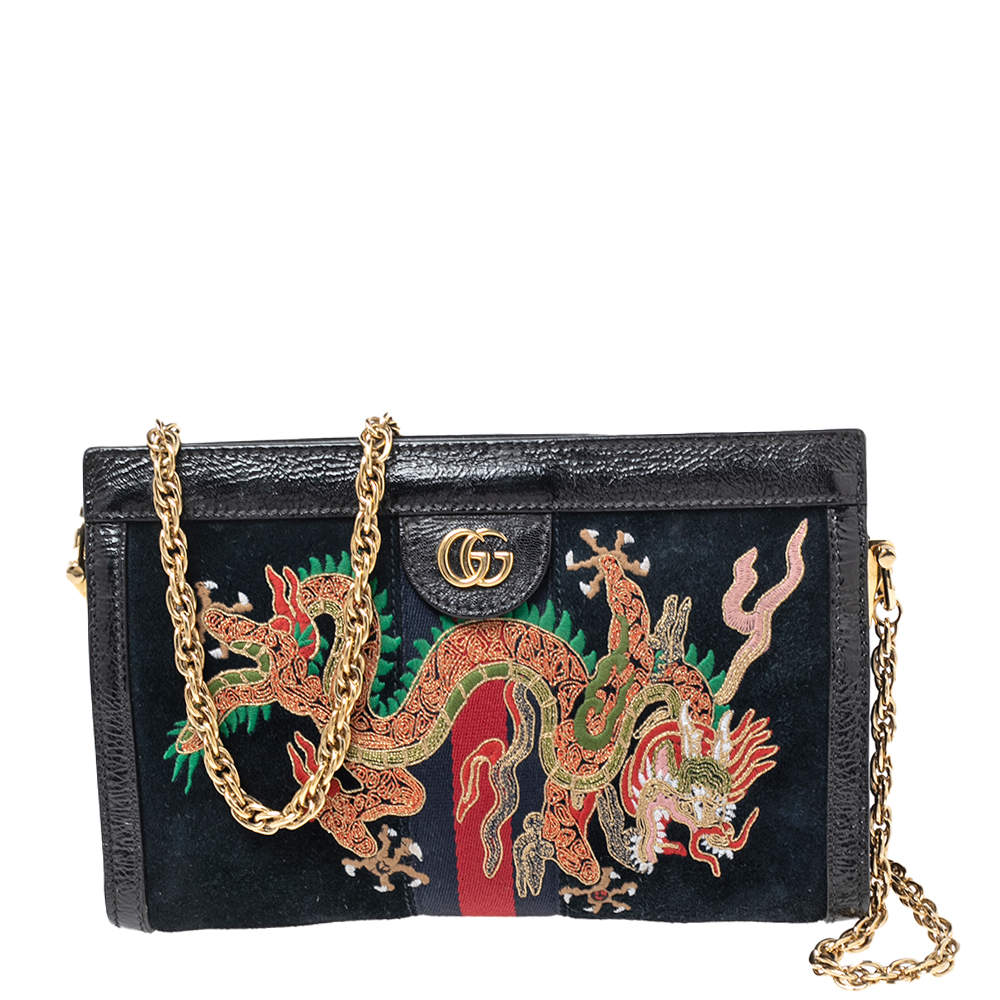 Pre Owned Gucci Black Suede and Leather Ophidia Dragon Shoulder Bag