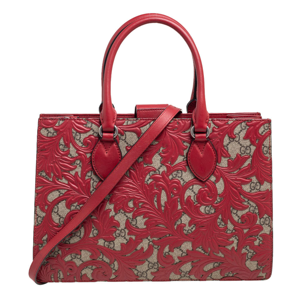 Gucci Red/Beige GG Supreme Canvas Arabesque Tote