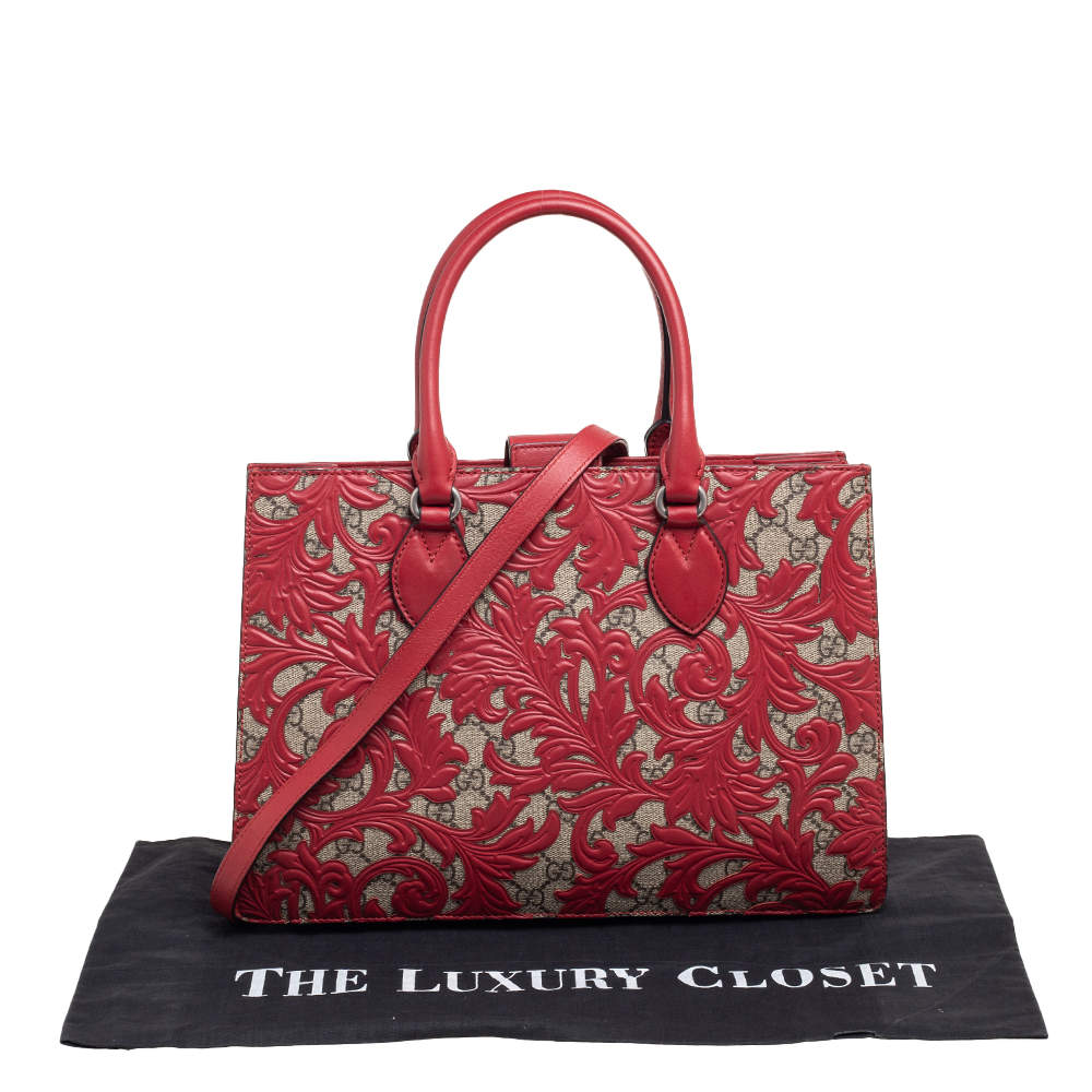 Gucci Red Beige GG Supreme Canvas Arabesque Tote