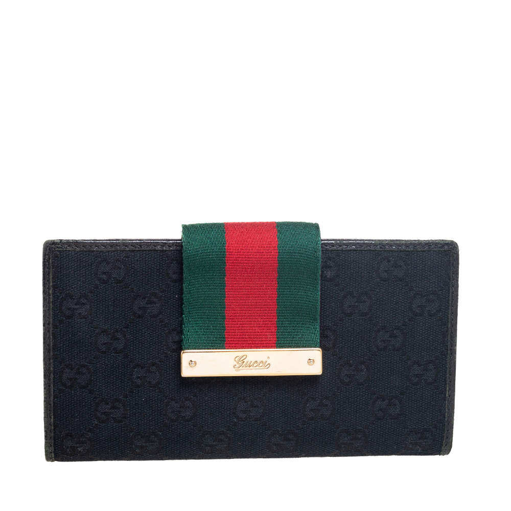 Pre Owned Gucci Black GG Canvas and Leather Web Flap Continental Wallet