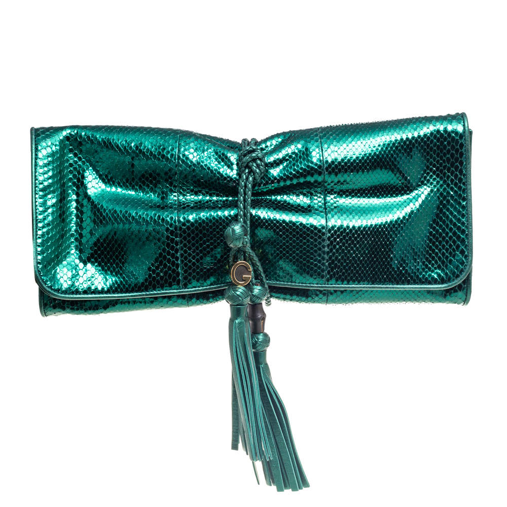 Gucci Metallic Green Python Malika Clutch