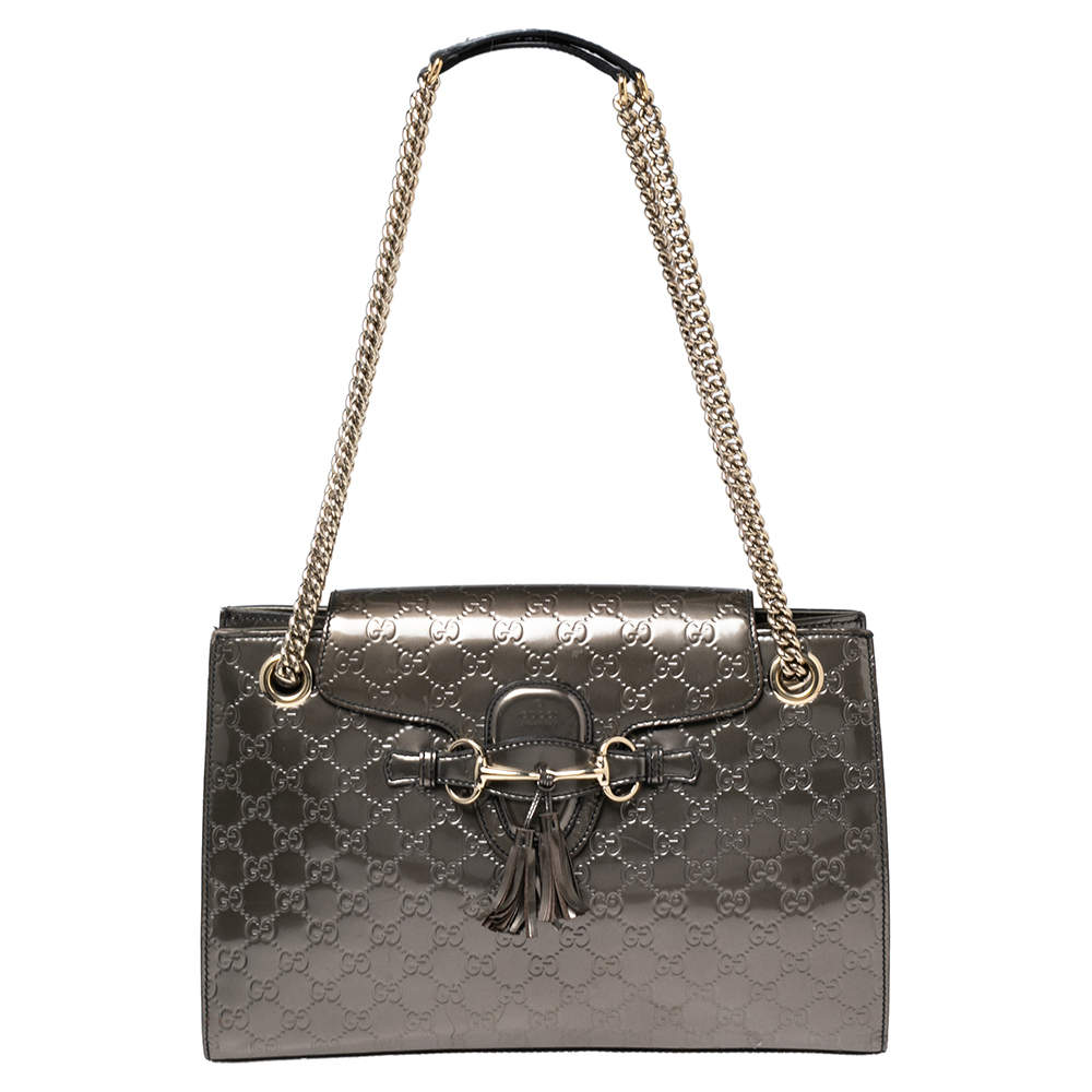 Pre Owned Gucci Dark Grey Guccissima Patent Leather Large Emily Chain Shoulder Bag