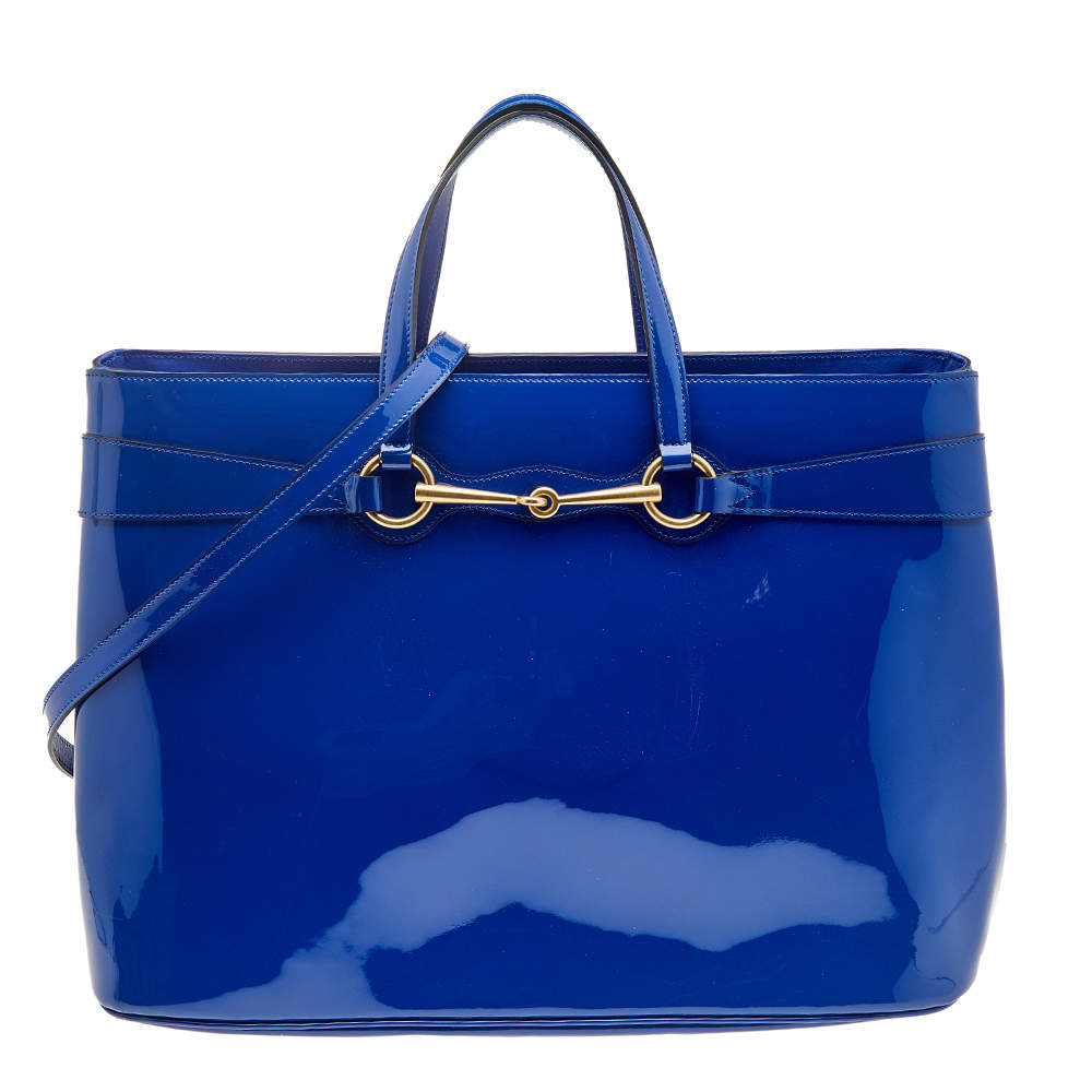 Pre Owned حقيبة يد غوتشي برايت بيت جلد لامعة زرقاء كبيرة