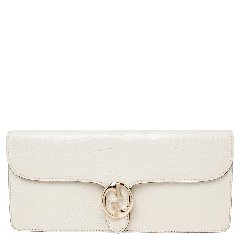 Pre Owned Gucci White Crocodile 1973 Flap Long Clutch