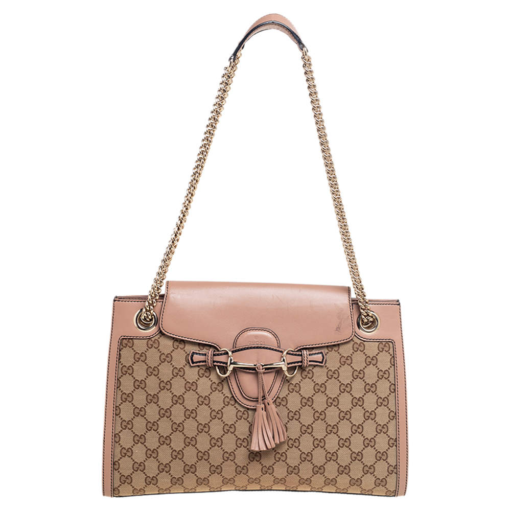 Pre Owned Gucci Beige/Brown GG Canvas And Leather Large Emily Chain Shoulder Bag