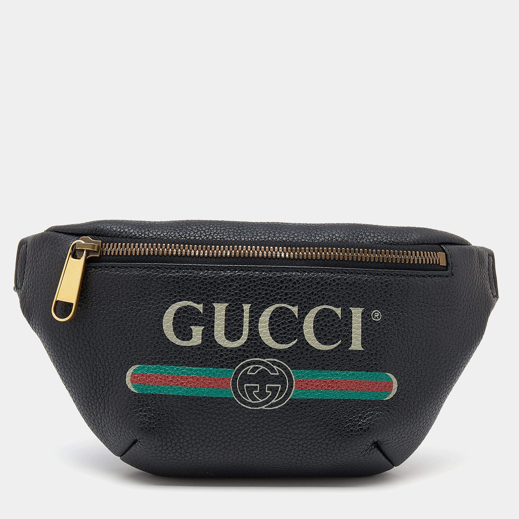 Pre Owned Gucci Black Pebbled Leather Small Logo Web Belt Bag