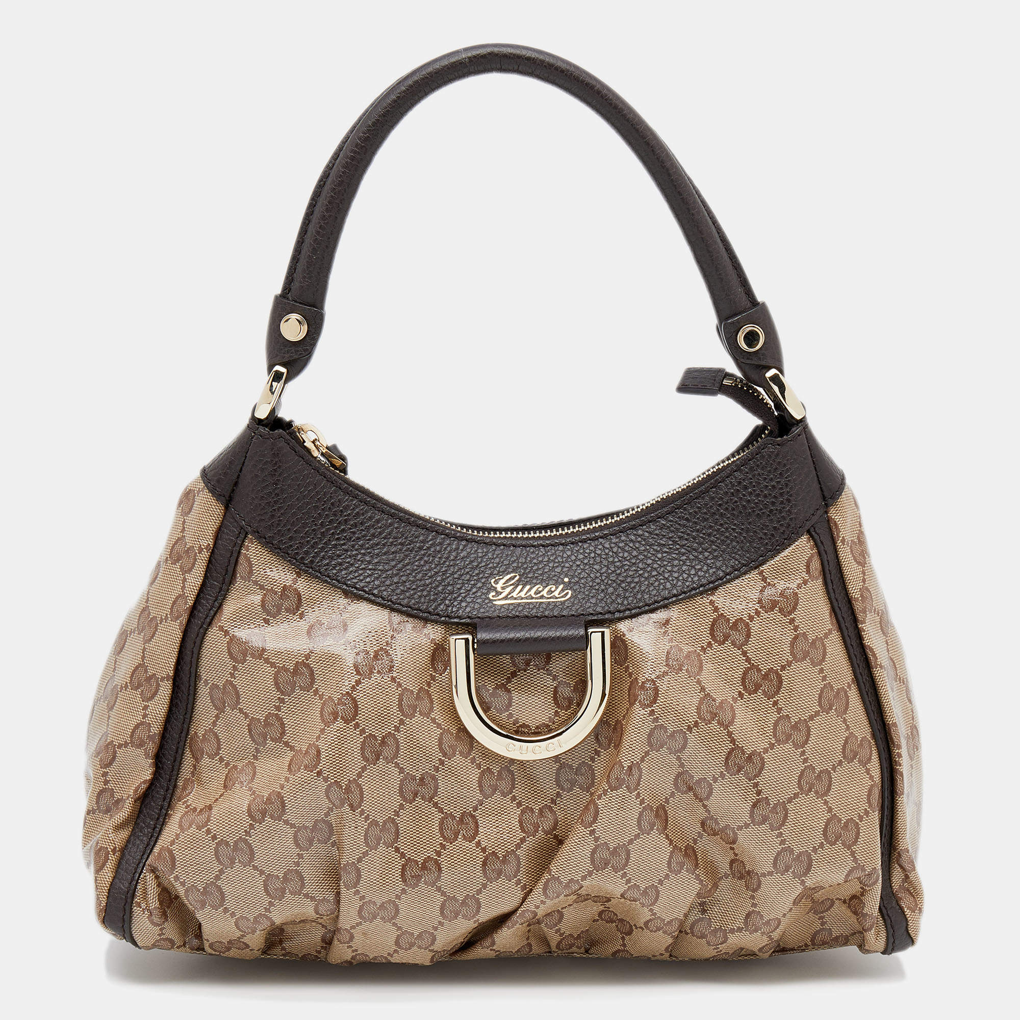 Pre Owned Gucci Beige/Ebony GG Crystal Canvas and Leather Small D Ring Hobo