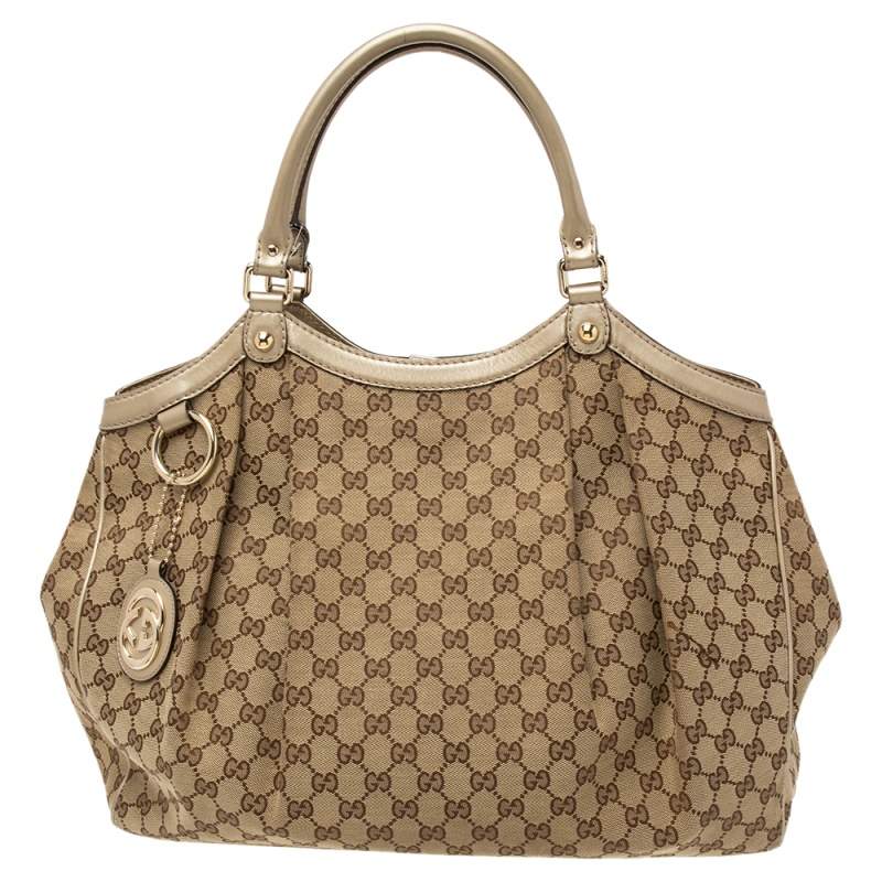 Pre Owned Gucci Beige/Gold GG Canvas and Leather Large Sukey Tote 