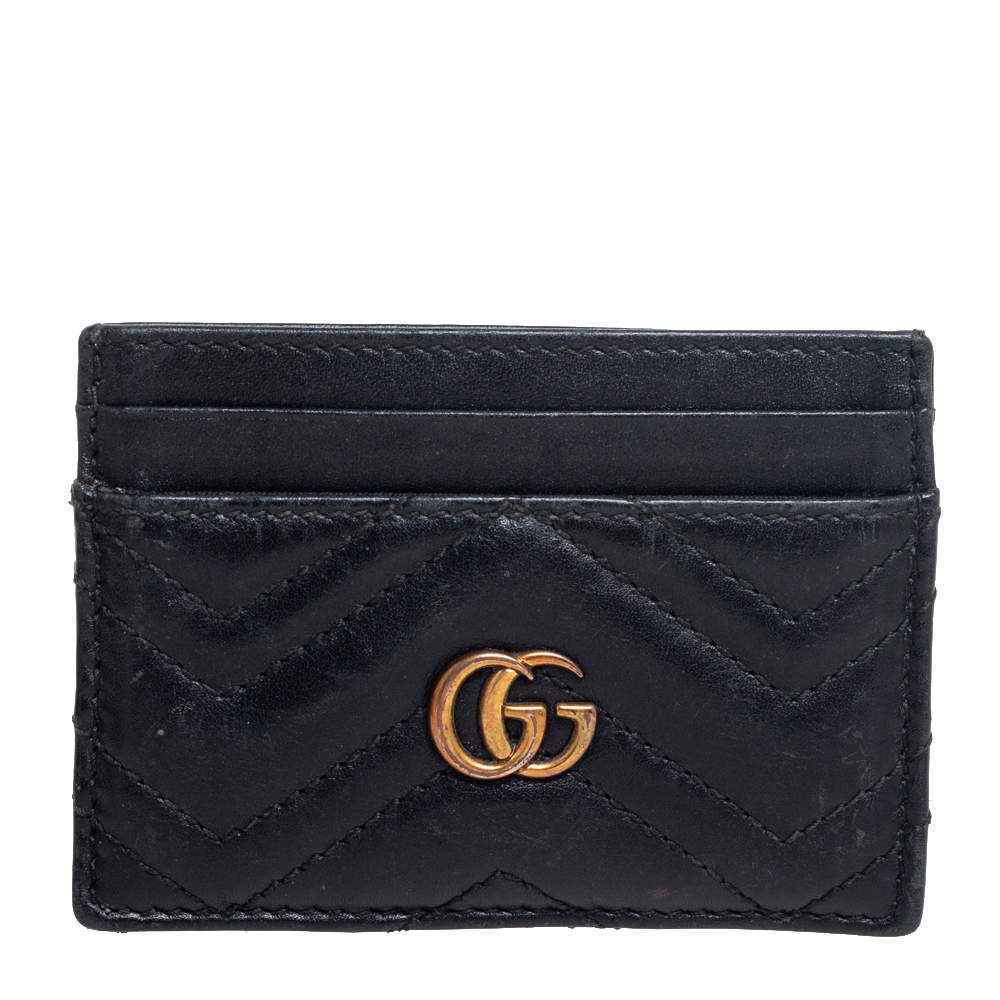 Pre Owned Gucci Black Chevron Leather GG Marmont Card Holder