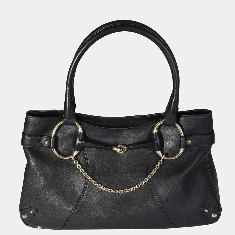 gucci black leather horsebit tote bag