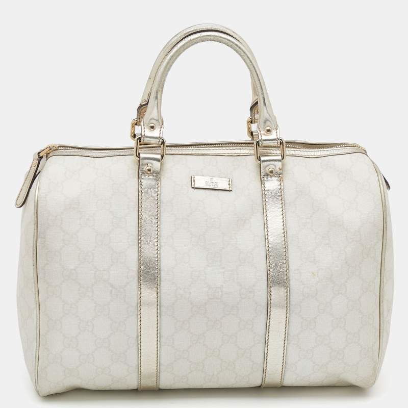 Pre Owned Gucci White/Silver GG Supreme Canvas And Leather Joy Boston Bag