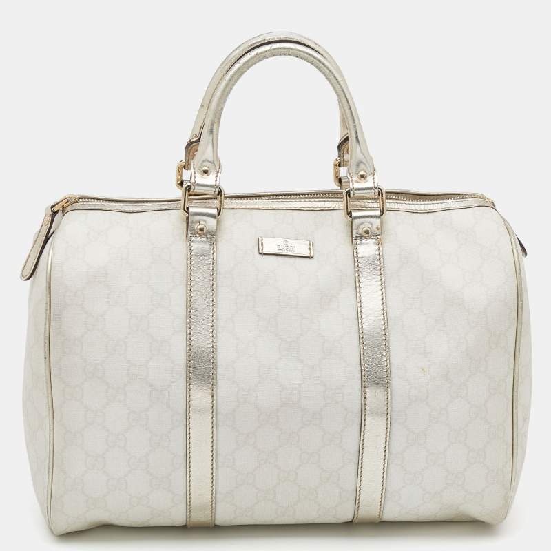 Gucci White/Silver GG Supreme Canvas And Leather Joy Boston Bag