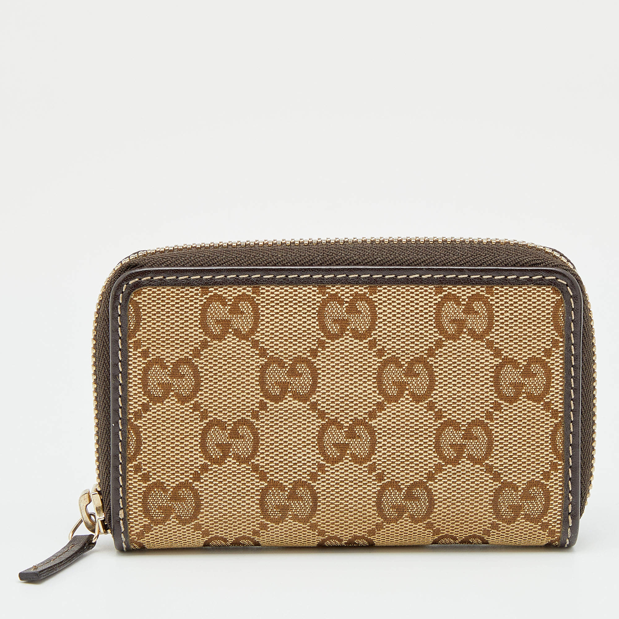 Gucci Beige/Ebony GG Canvas and Leather Zip Around Card Case 