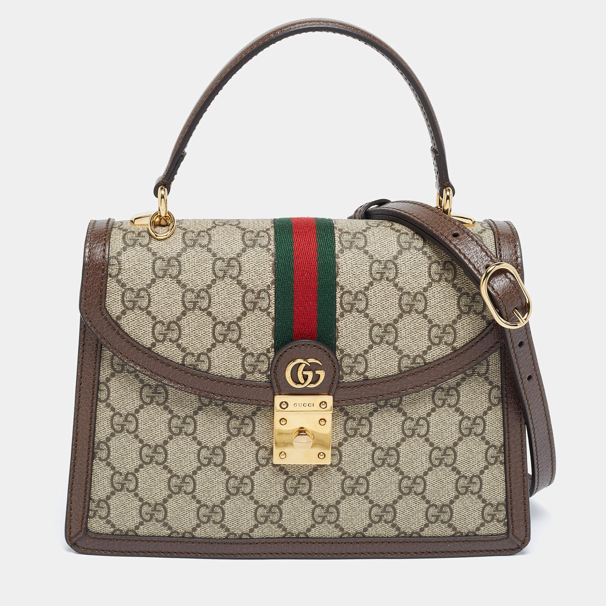 Pre Owned Gucci Beige/Brown Supreme Canvas And Leather Small Ophidia Top Handle Bag